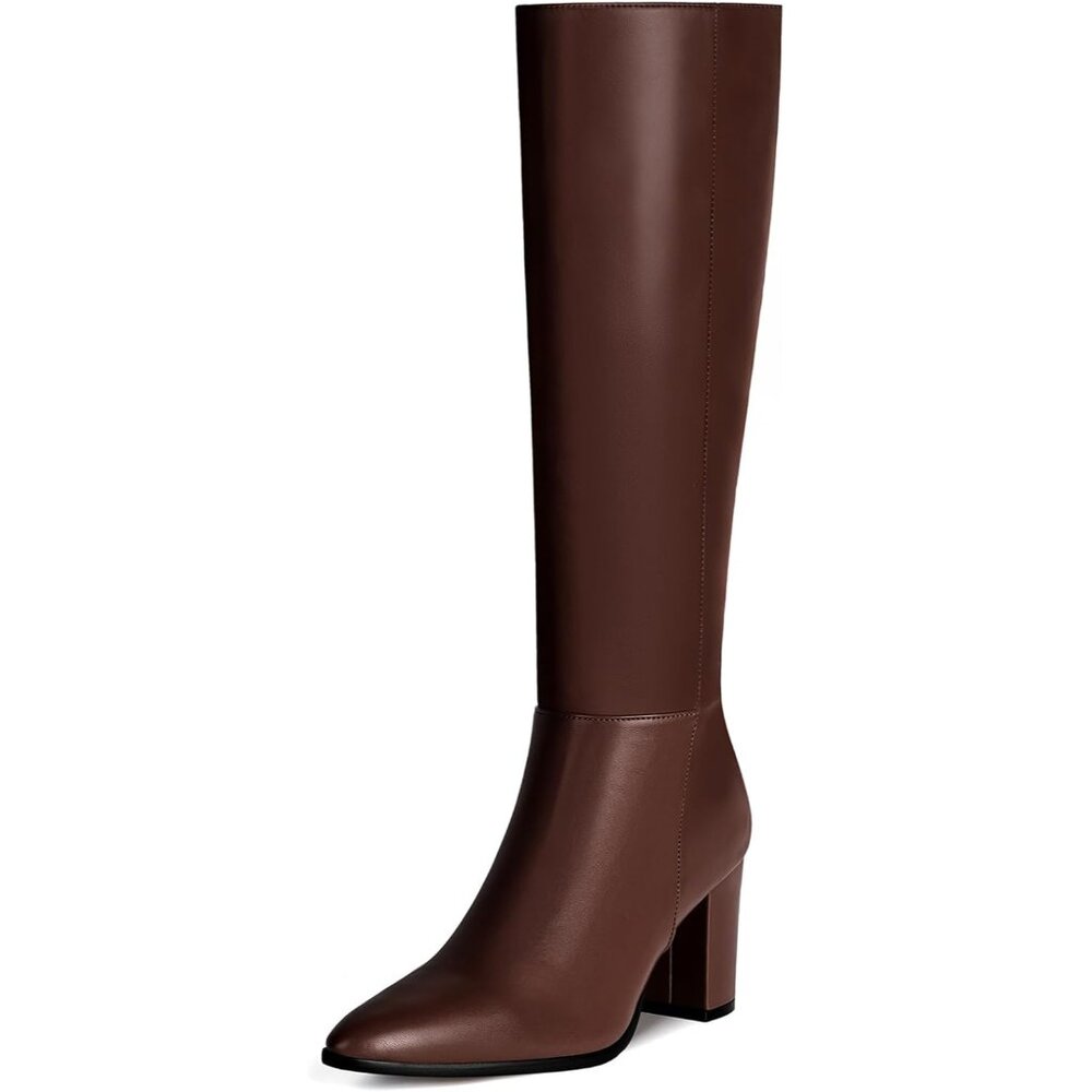 Women's Brown Vipost 3.35-inch Pointed Toe Knee High Boots for Chunky Block Heel
